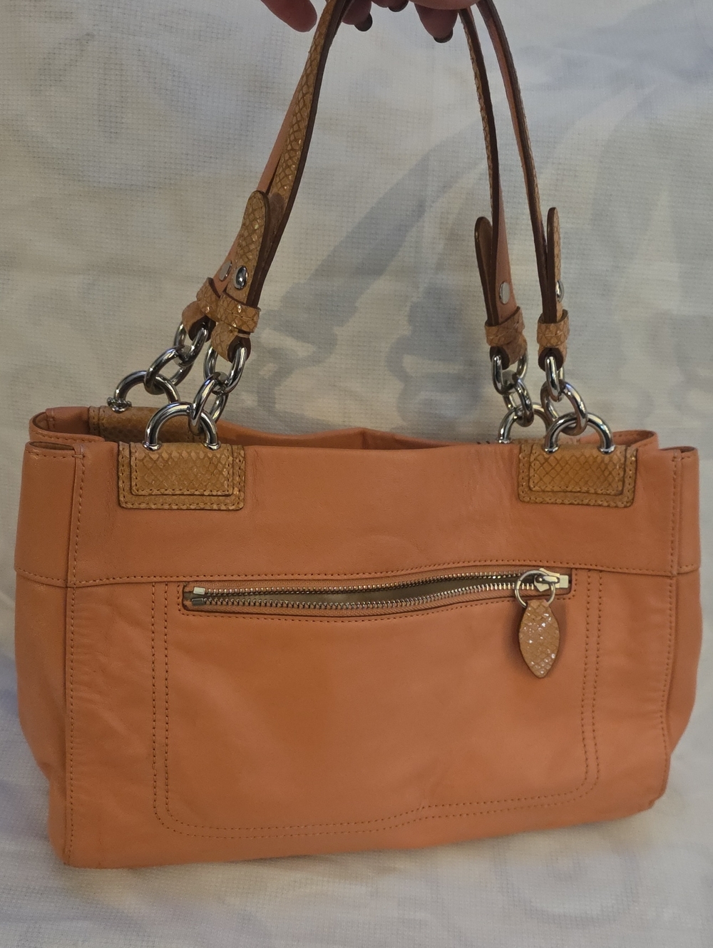 Coach Penelope Turn-Lock tote in a coral peach leather with snakeskin Trim - Picture 14 of 14